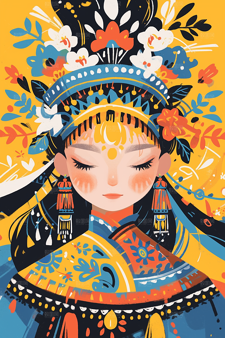 扁平风少数民族艺术感传统文化插画