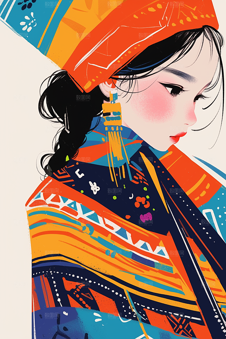 扁平风少数民族彩色传统文化插画