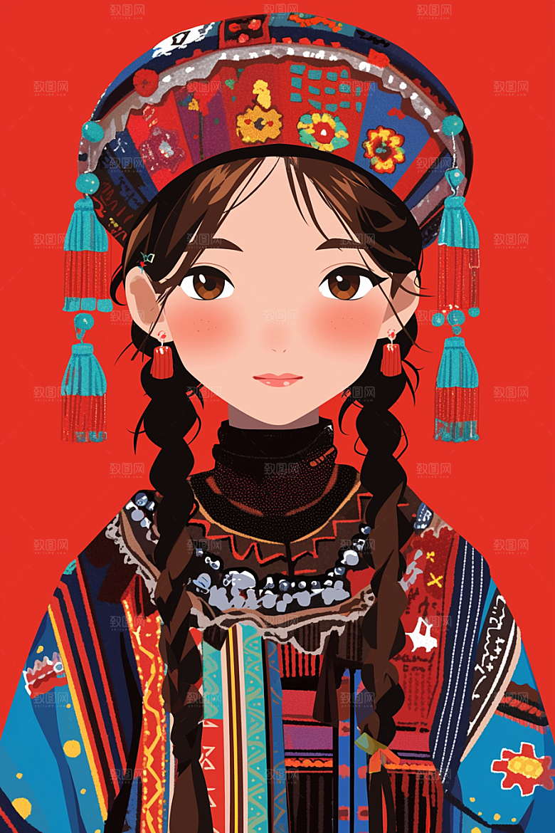 扁平风少数民族地域特色中国风插画