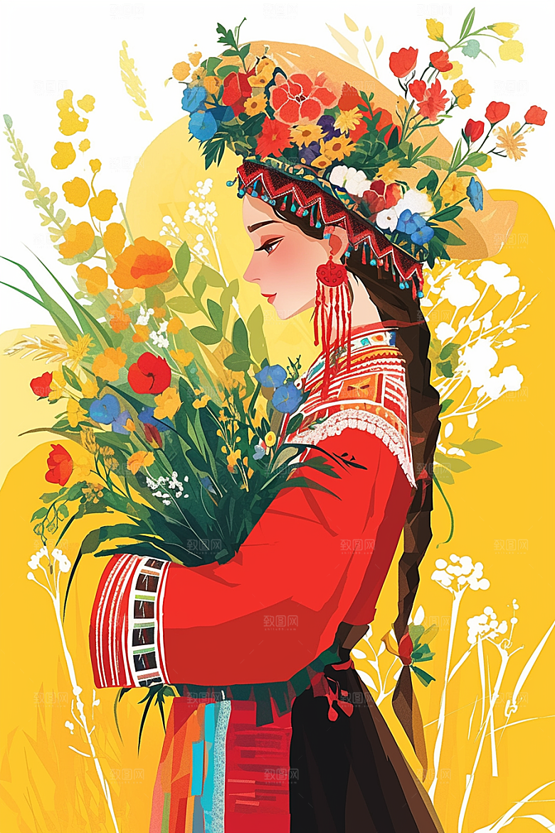 扁平风少数民族艺术感传统文化插画