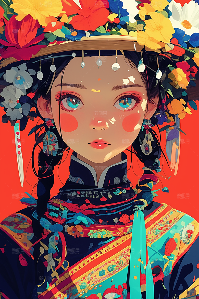 扁平风少数民族传统文化彩色插画