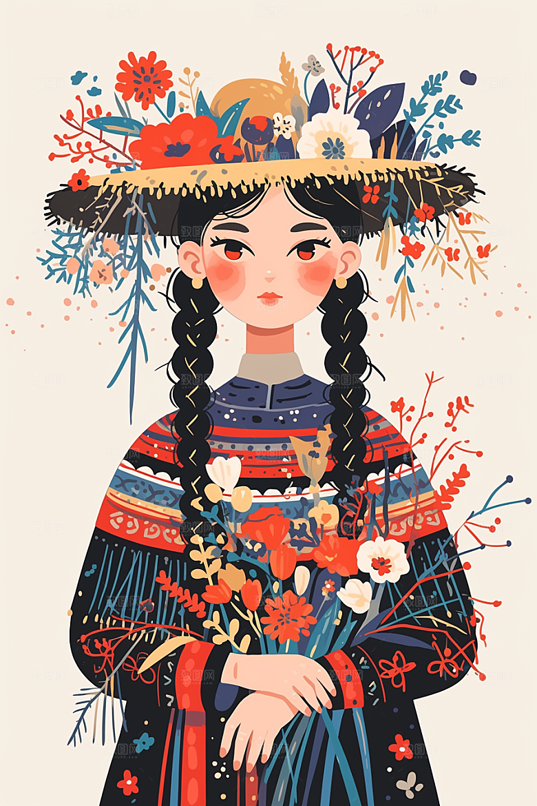 扁平风少数民族艺术感人物插画