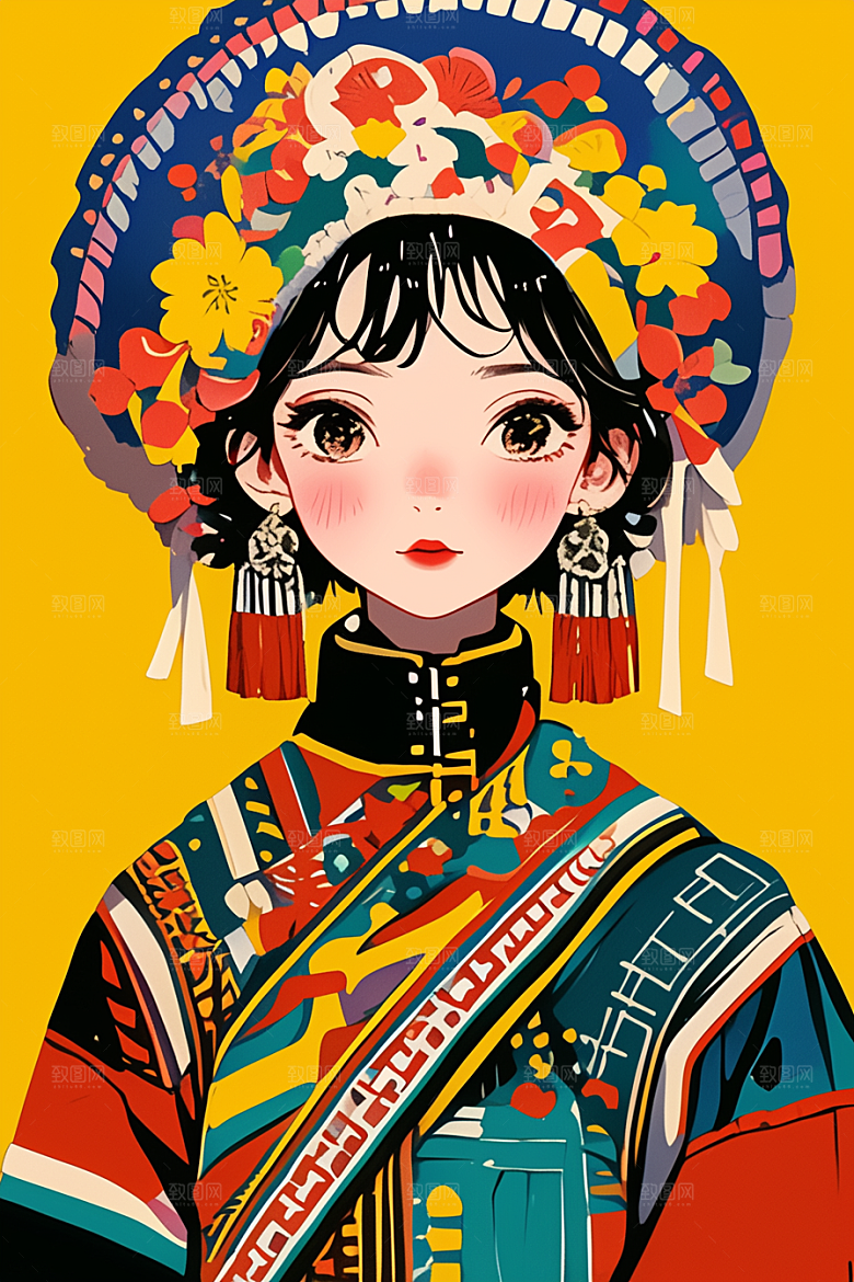 扁平风少数民族彩色艺术感插画