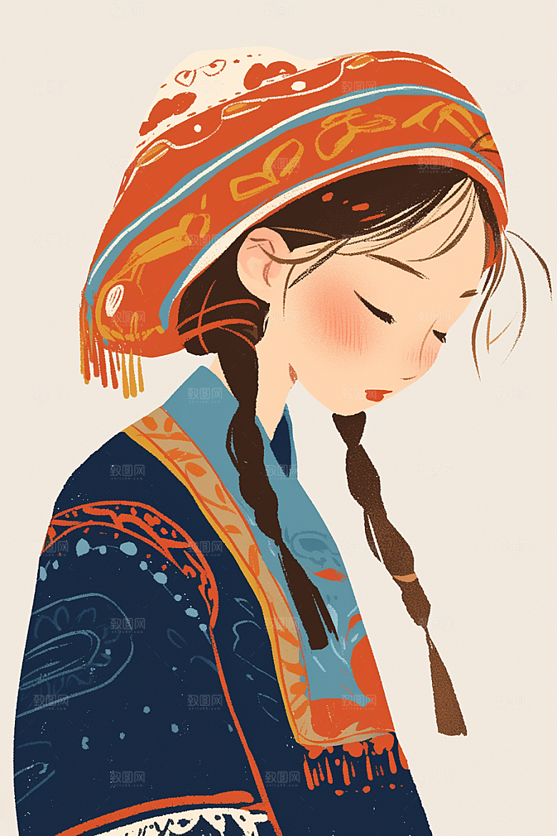 扁平风少数民族人物彩色插画