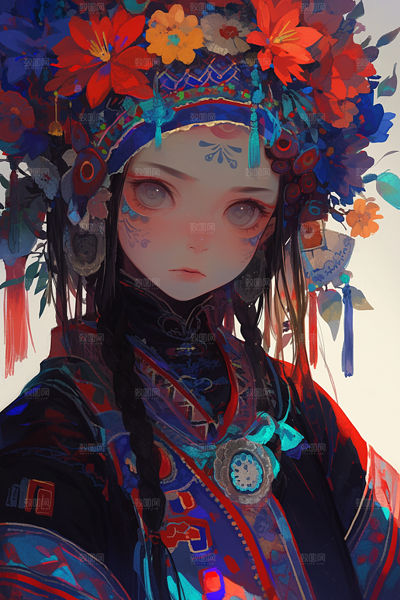 扁平风少数民族艺术感彩色插画