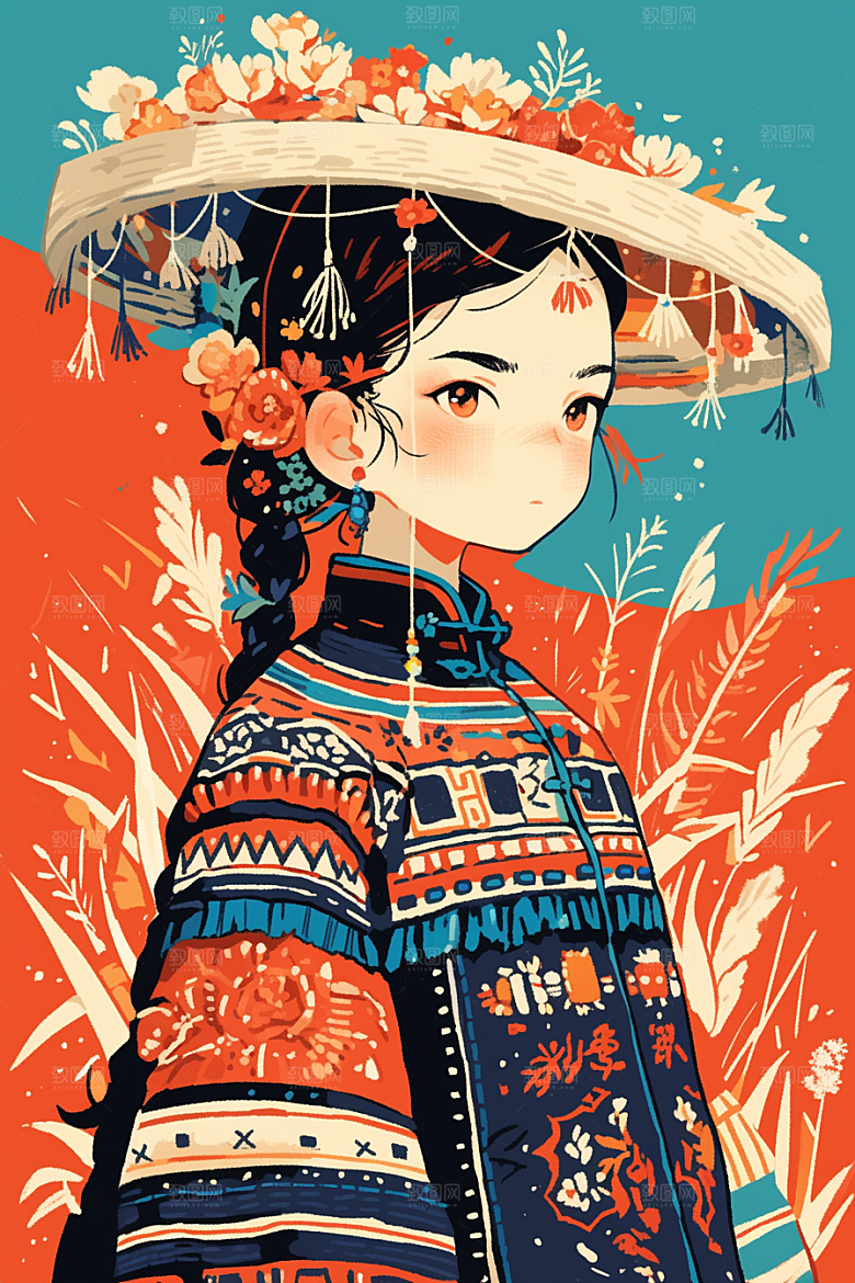 扁平风少数民族彩色传统文化插画