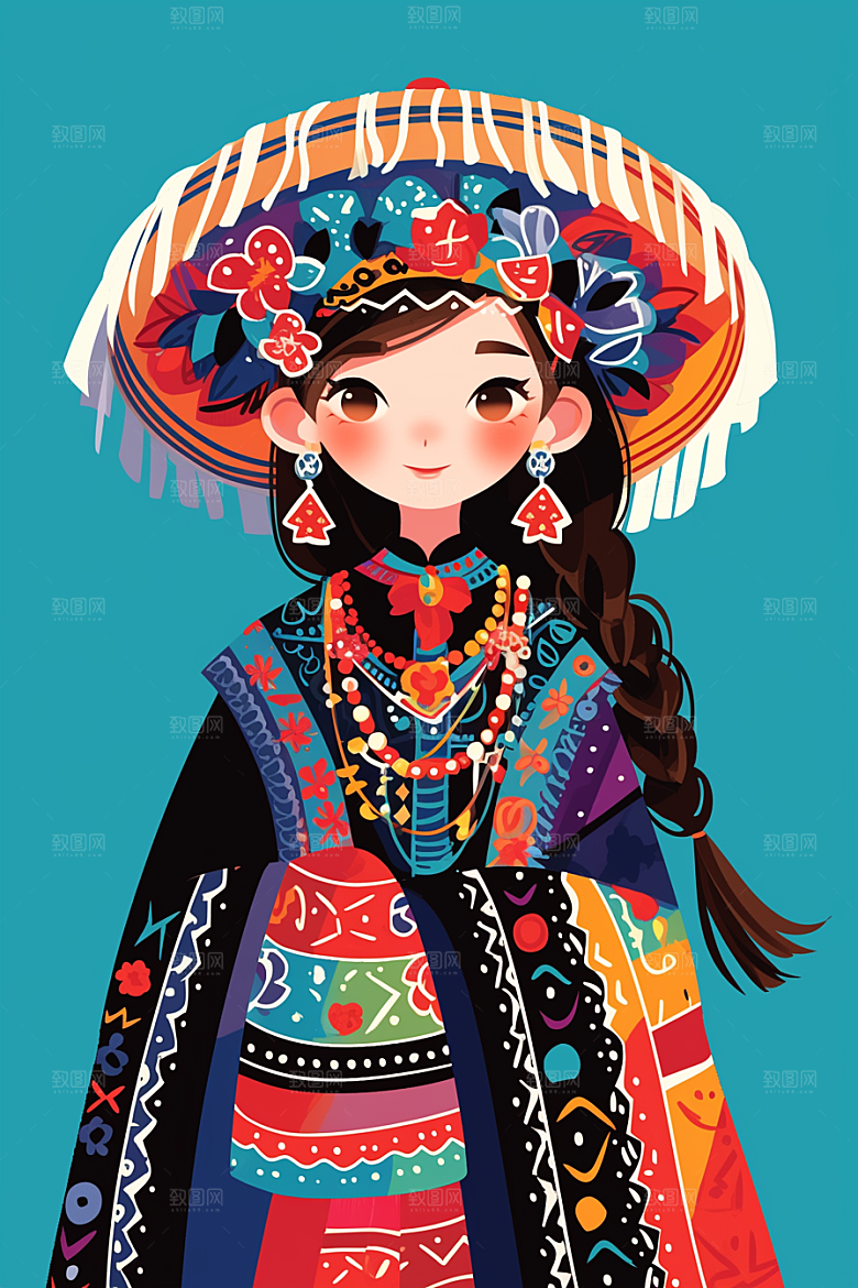 扁平风少数民族手绘地域特色插画