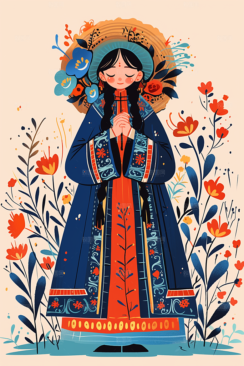 扁平风少数民族人物地域特色插画