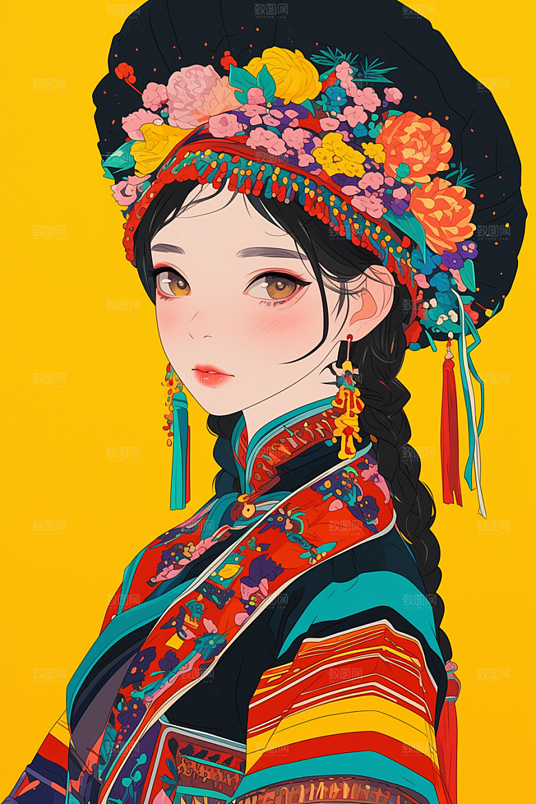 扁平风少数民族地域特色传统文化插画