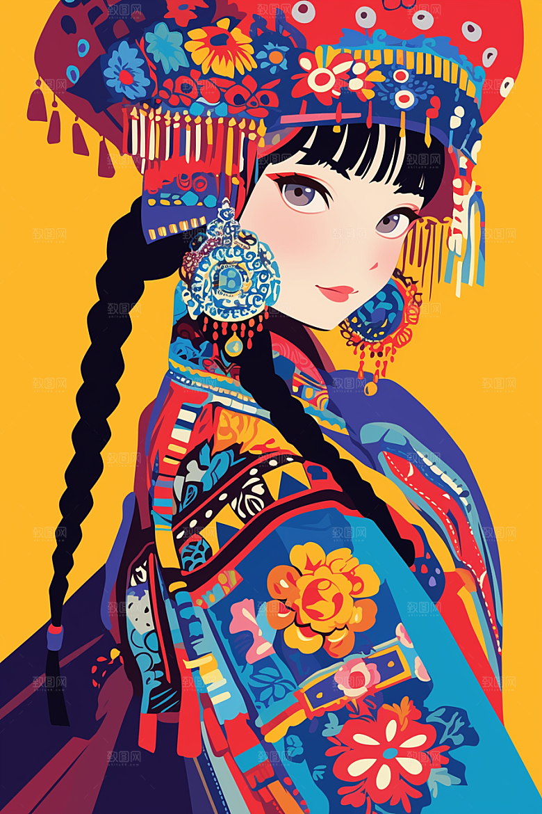 扁平风少数民族彩色人物插画