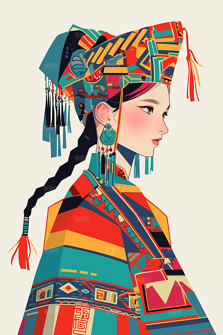 扁平风少数民族人物地域特色插画