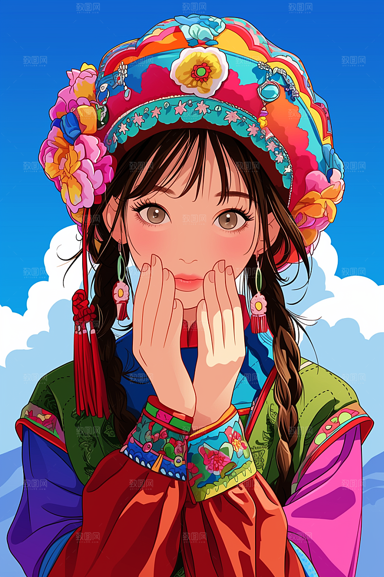 扁平风少数民族平面手绘插画