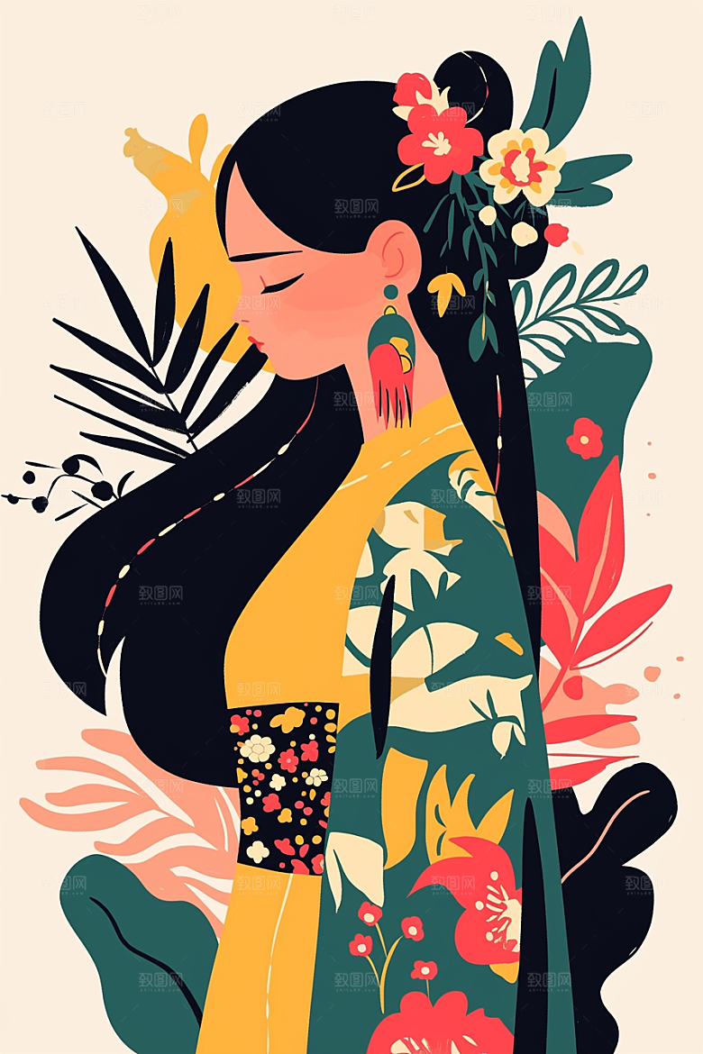 扁平风少数民族人物彩色插画