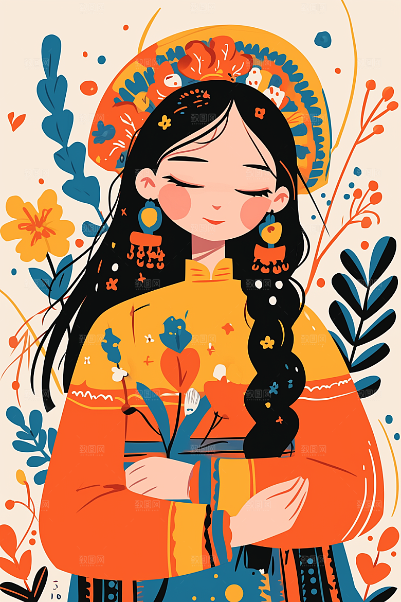 扁平风少数民族地域特色手绘插画