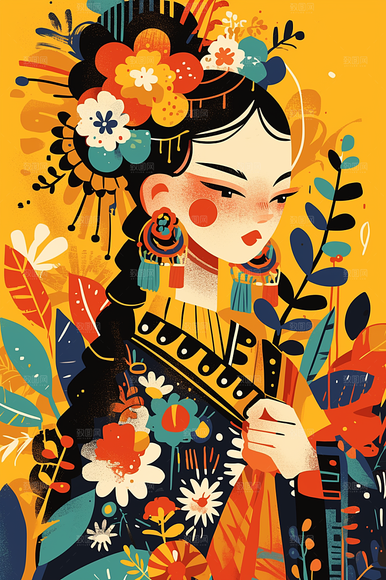 扁平风少数民族彩色手绘插画