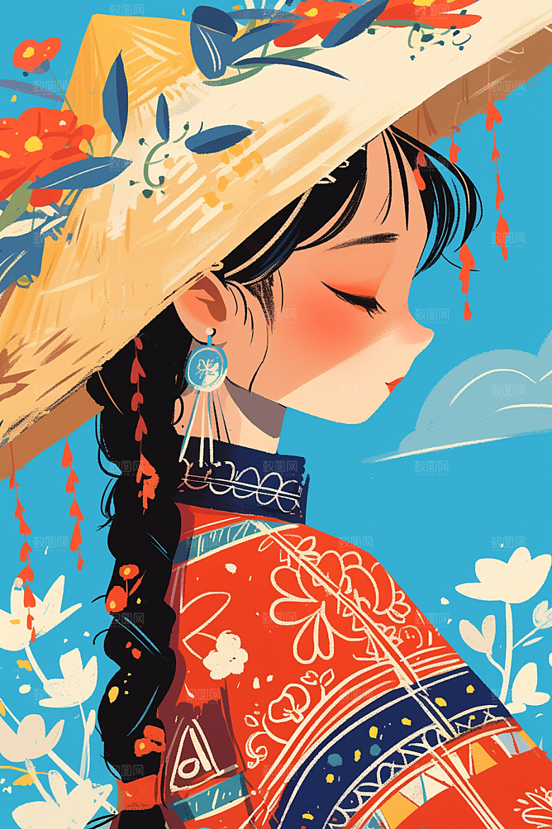 扁平风少数民族传统文化艺术感插画