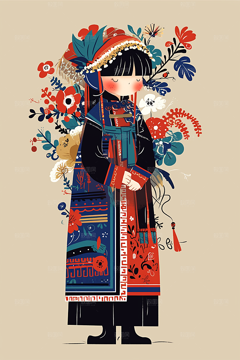 扁平风少数民族中国风艺术感插画