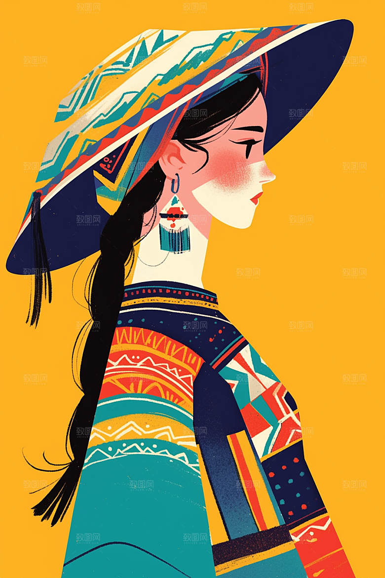 扁平风少数民族传统文化人物插画