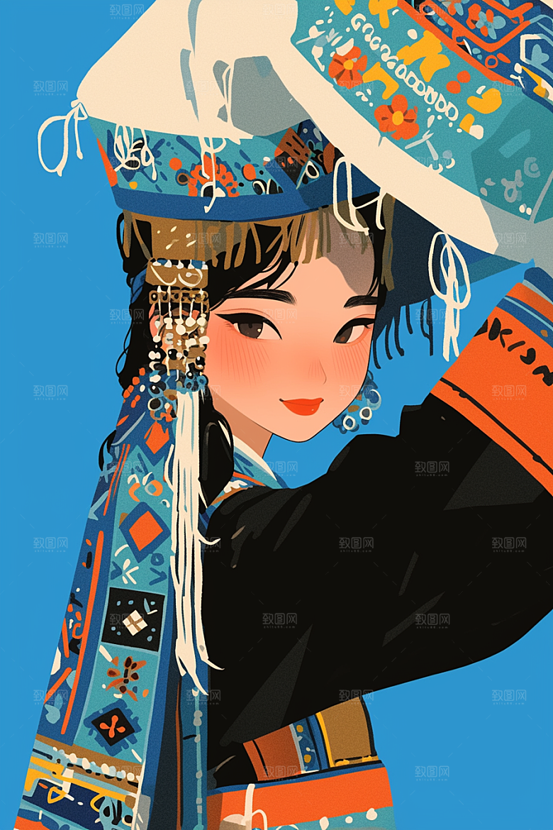 扁平风少数民族地域特色中国风插画