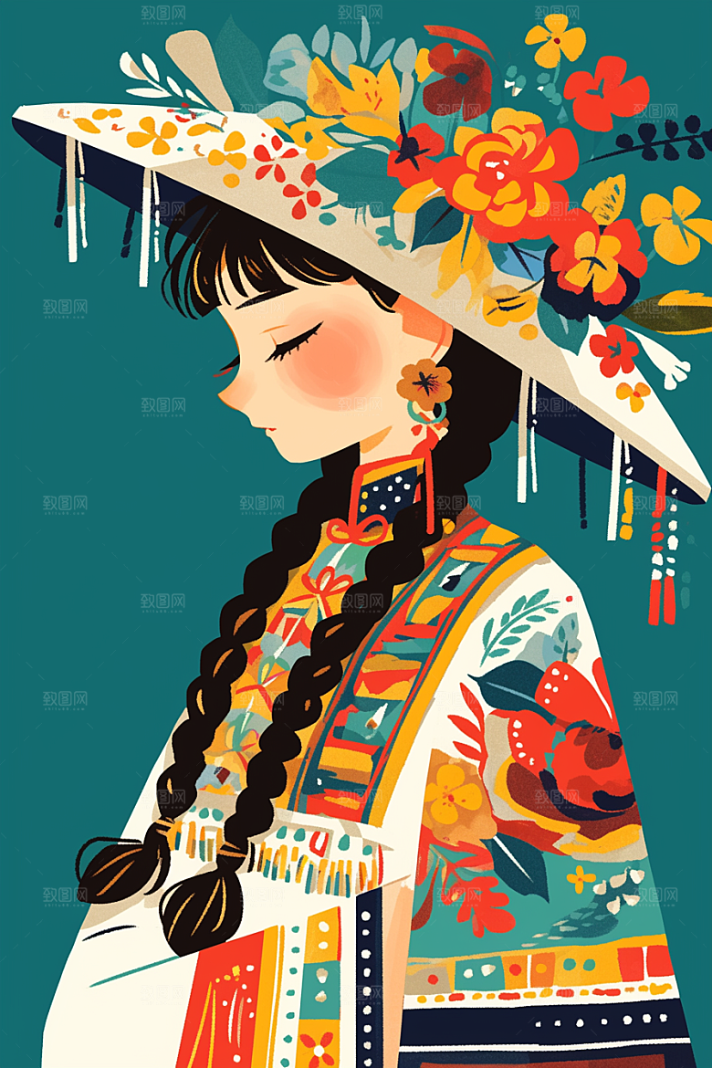 扁平风少数民族平面彩色插画