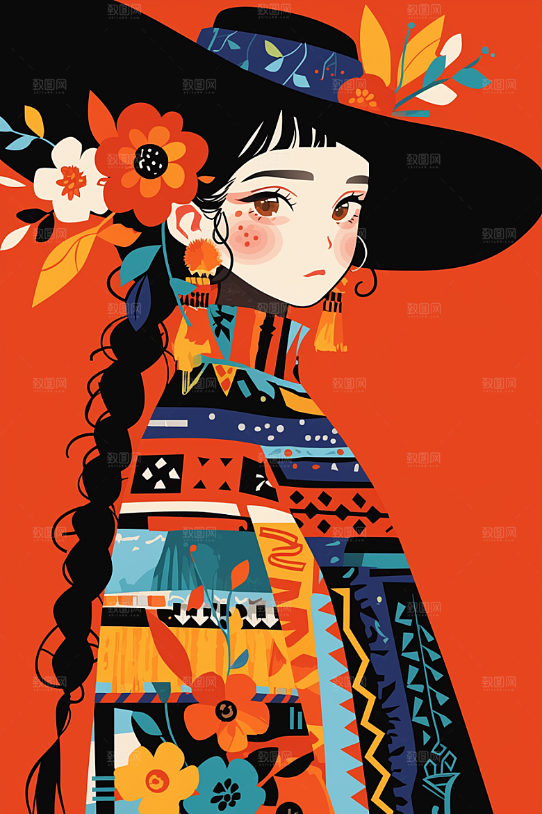 扁平风少数民族传统文化艺术感插画