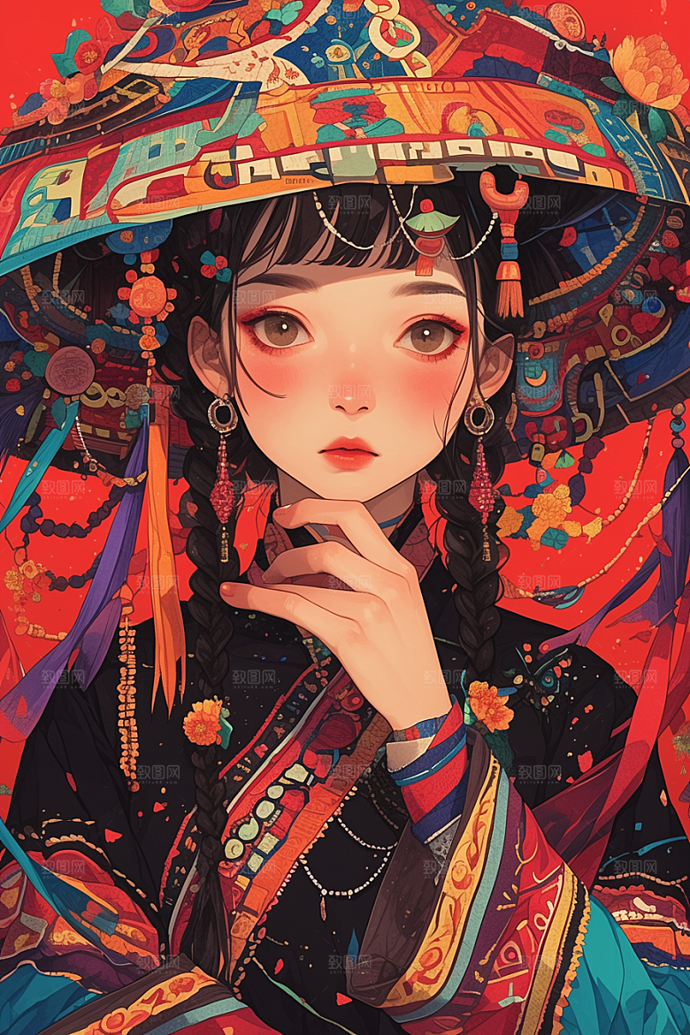 扁平风少数民族中国风彩色插画