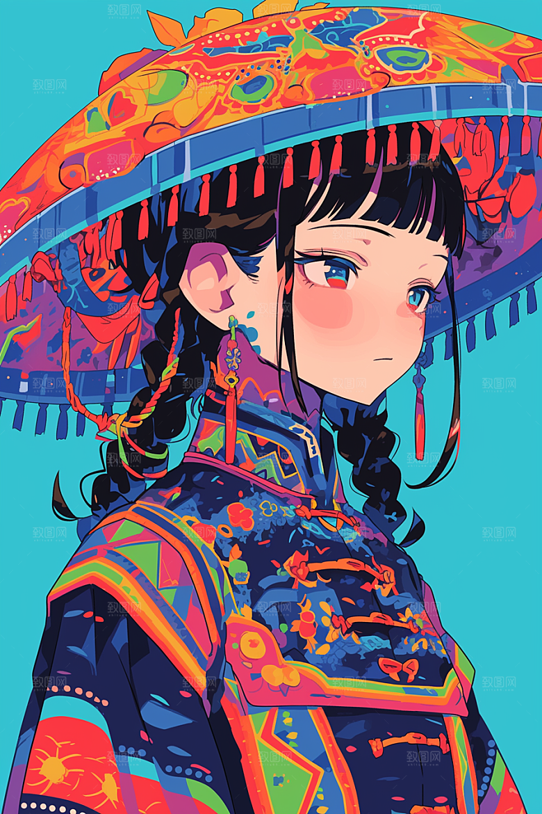 扁平风少数民族中国风艺术感插画