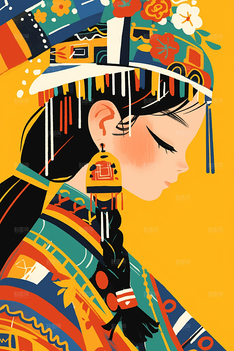 扁平风少数民族地域特色彩色插画