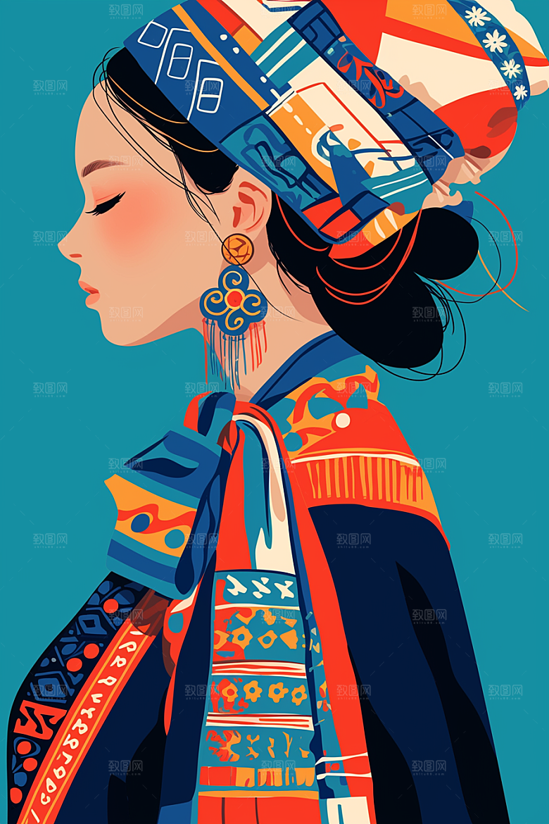 扁平风少数民族彩色地域特色插画
