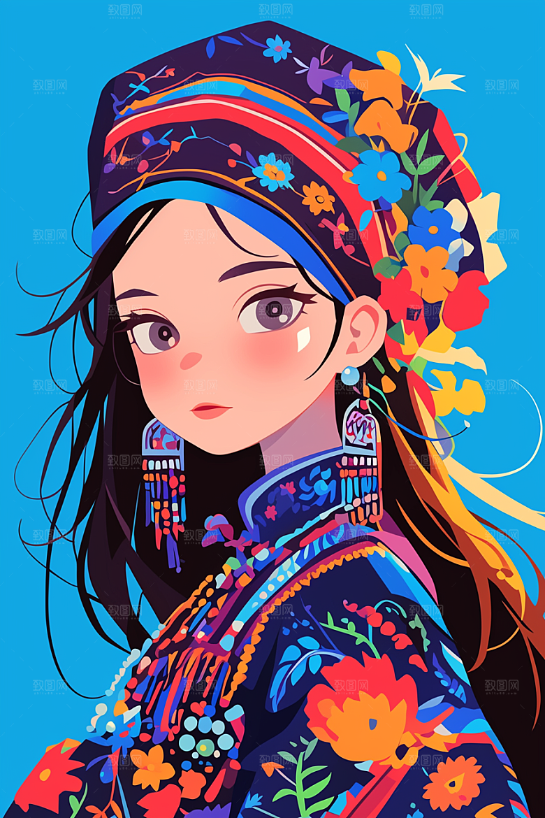 扁平风少数民族传统文化人物插画