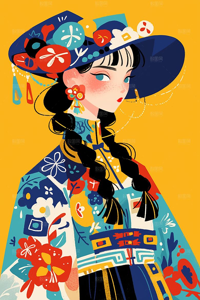 扁平风少数民族手绘地域特色插画