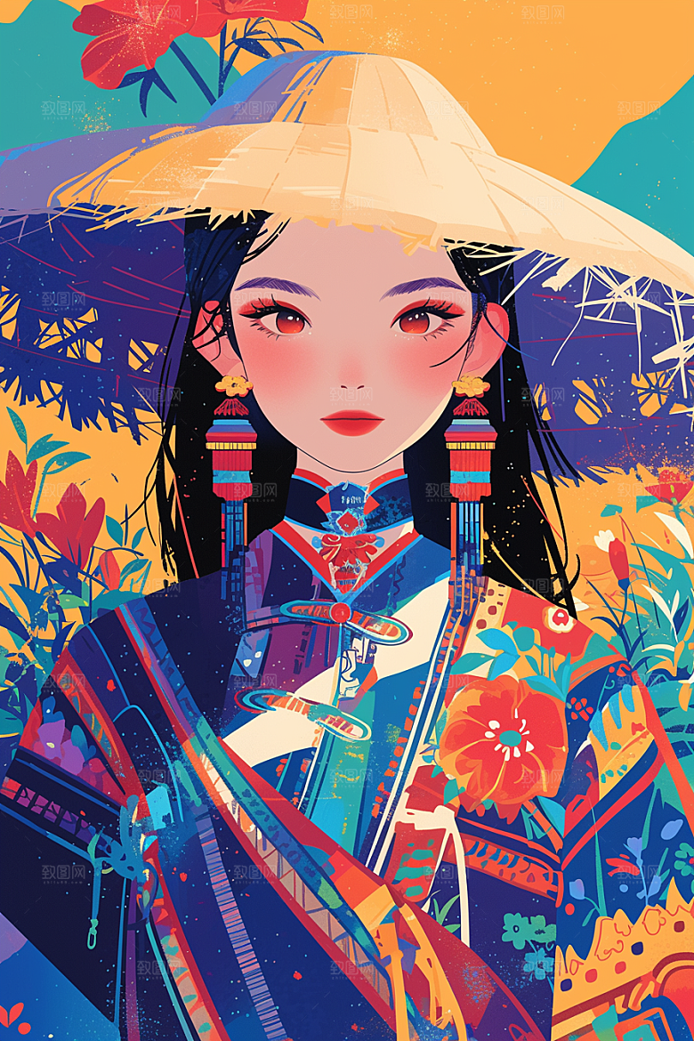 扁平风少数民族彩色艺术感插画