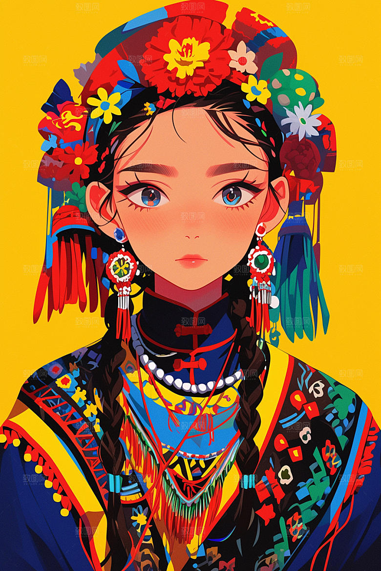 扁平风少数民族传统文化地域特色插画