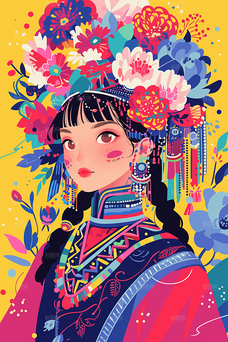 扁平风少数民族人物彩色插画