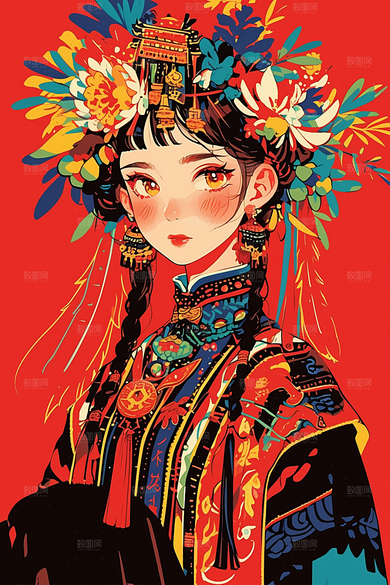 扁平风少数民族艺术感高清插画