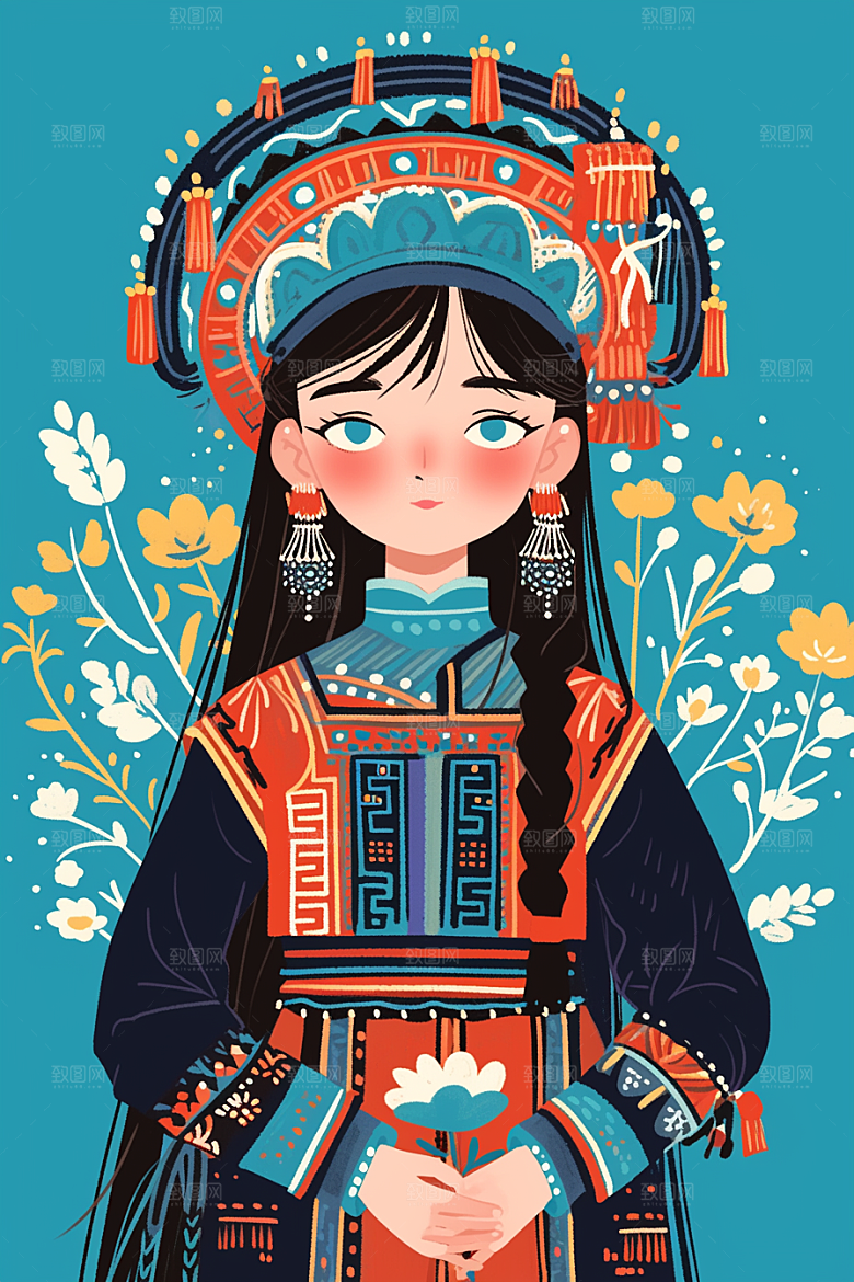扁平风少数民族手绘人物插画