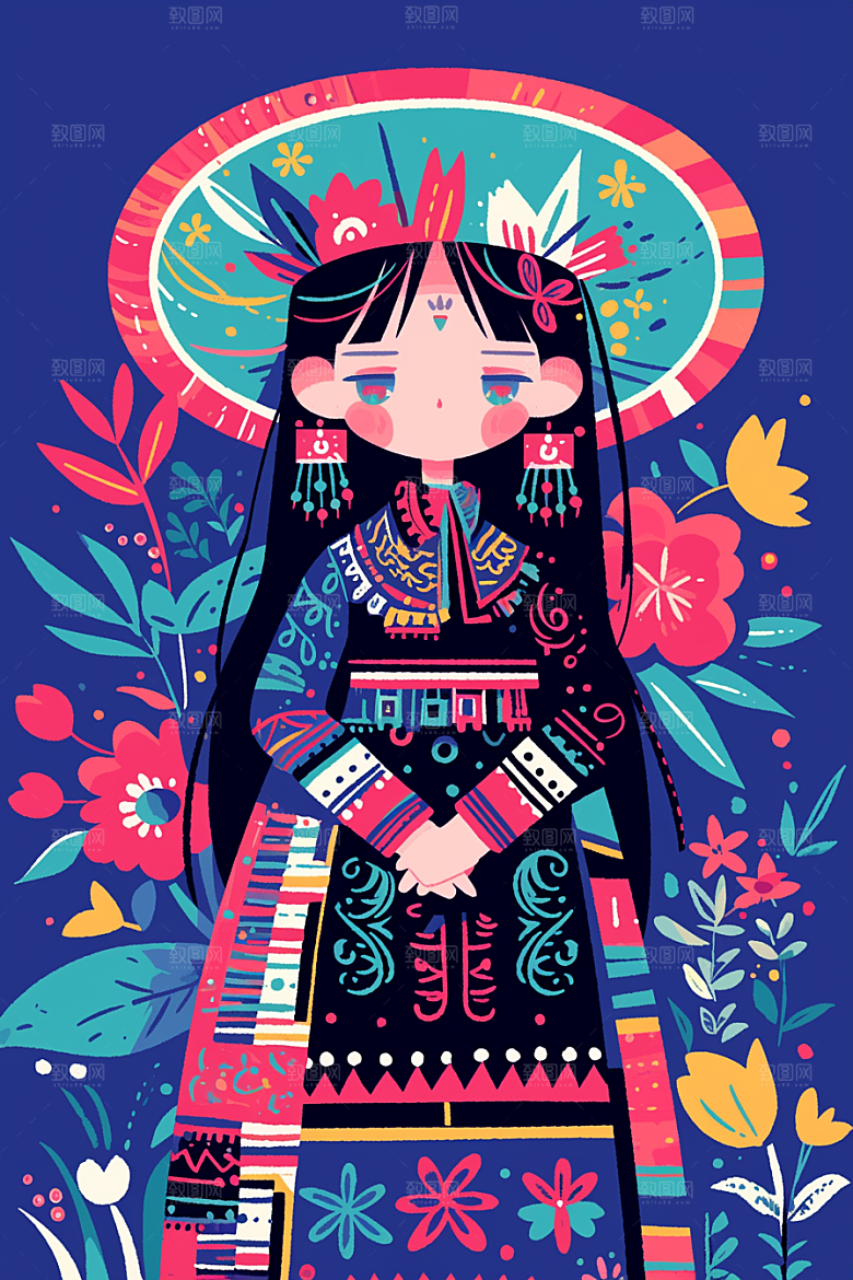 扁平风少数民族彩色艺术感插画
