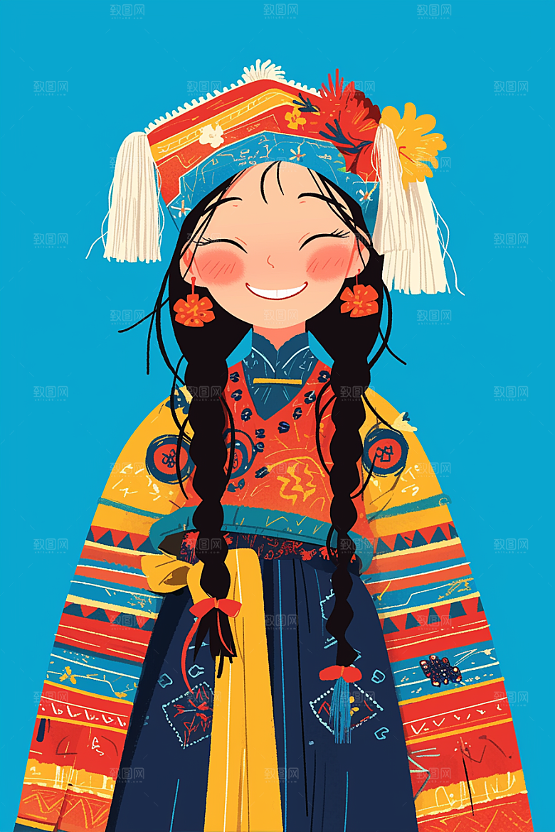 扁平风少数民族地域特色手绘插画