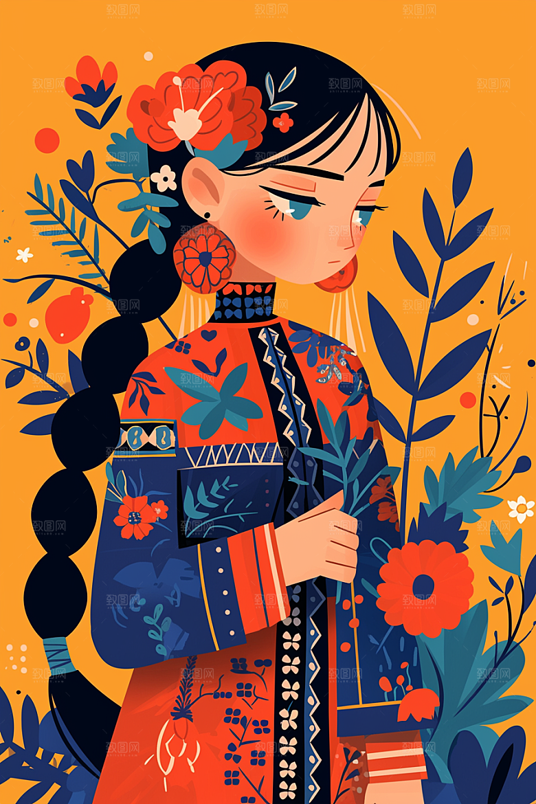 扁平风少数民族地域特色彩色插画
