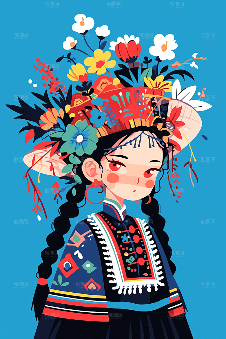 扁平风少数民族手绘人物插画