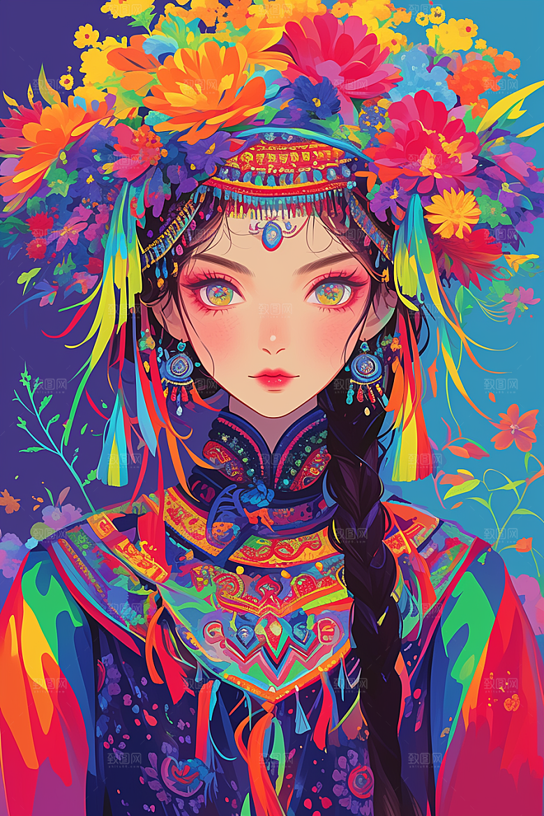扁平风少数民族传统文化人物插画
