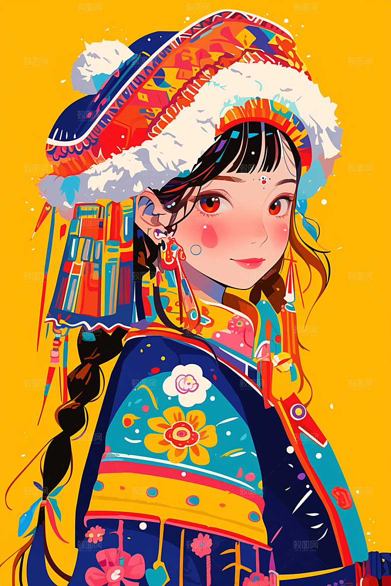 扁平风少数民族平面地域特色插画