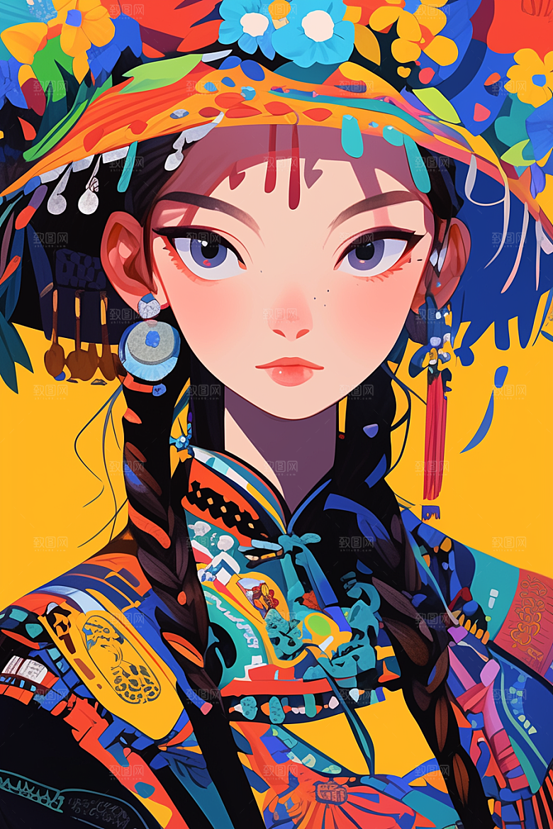 扁平风少数民族高清传统文化插画