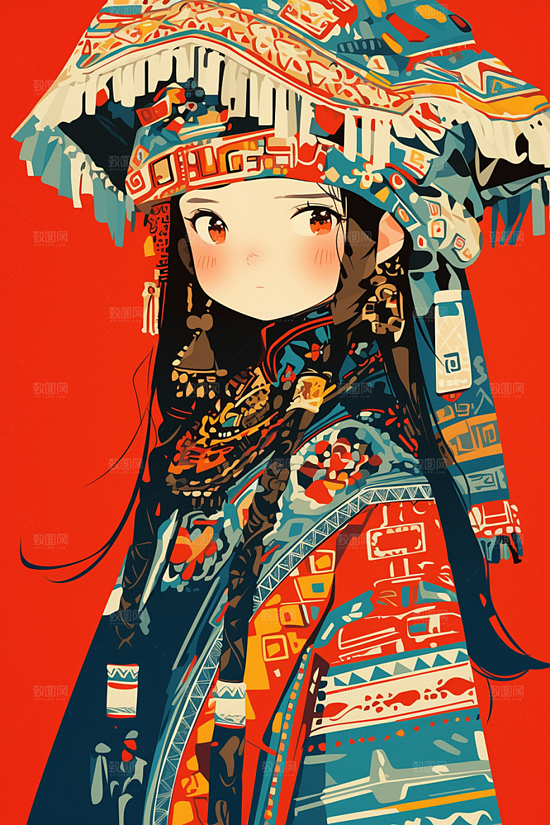 扁平风少数民族平面艺术感插画