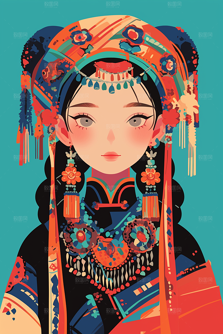 扁平风少数民族彩色传统文化插画