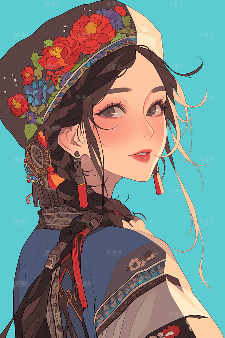 扁平风少数民族地域特色手绘插画