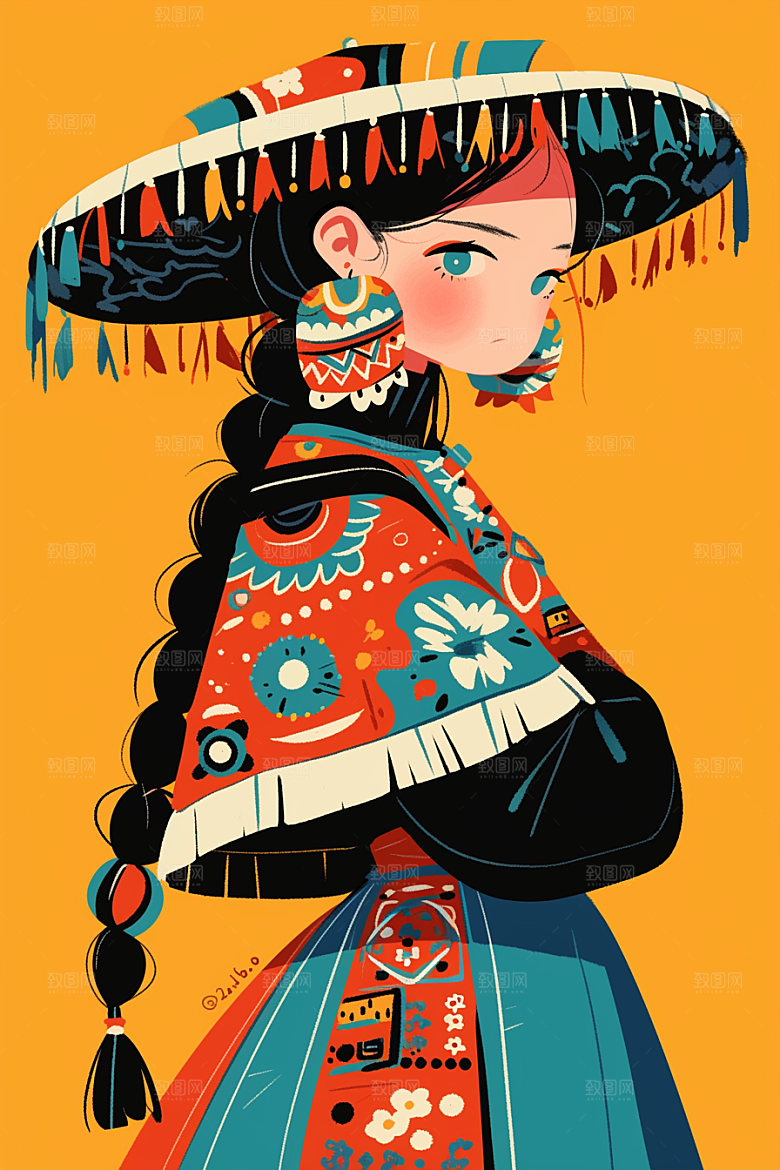 扁平风少数民族地域特色手绘插画