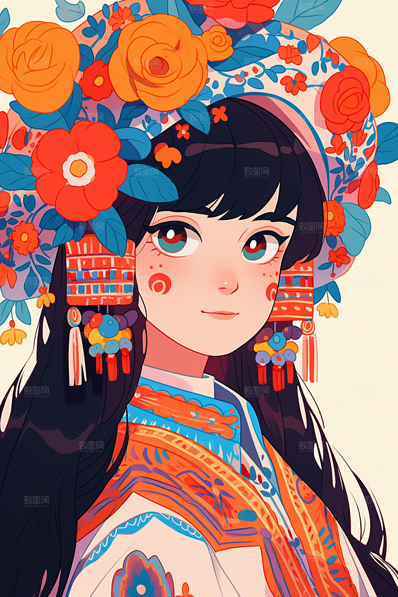 扁平风少数民族彩色艺术感插画