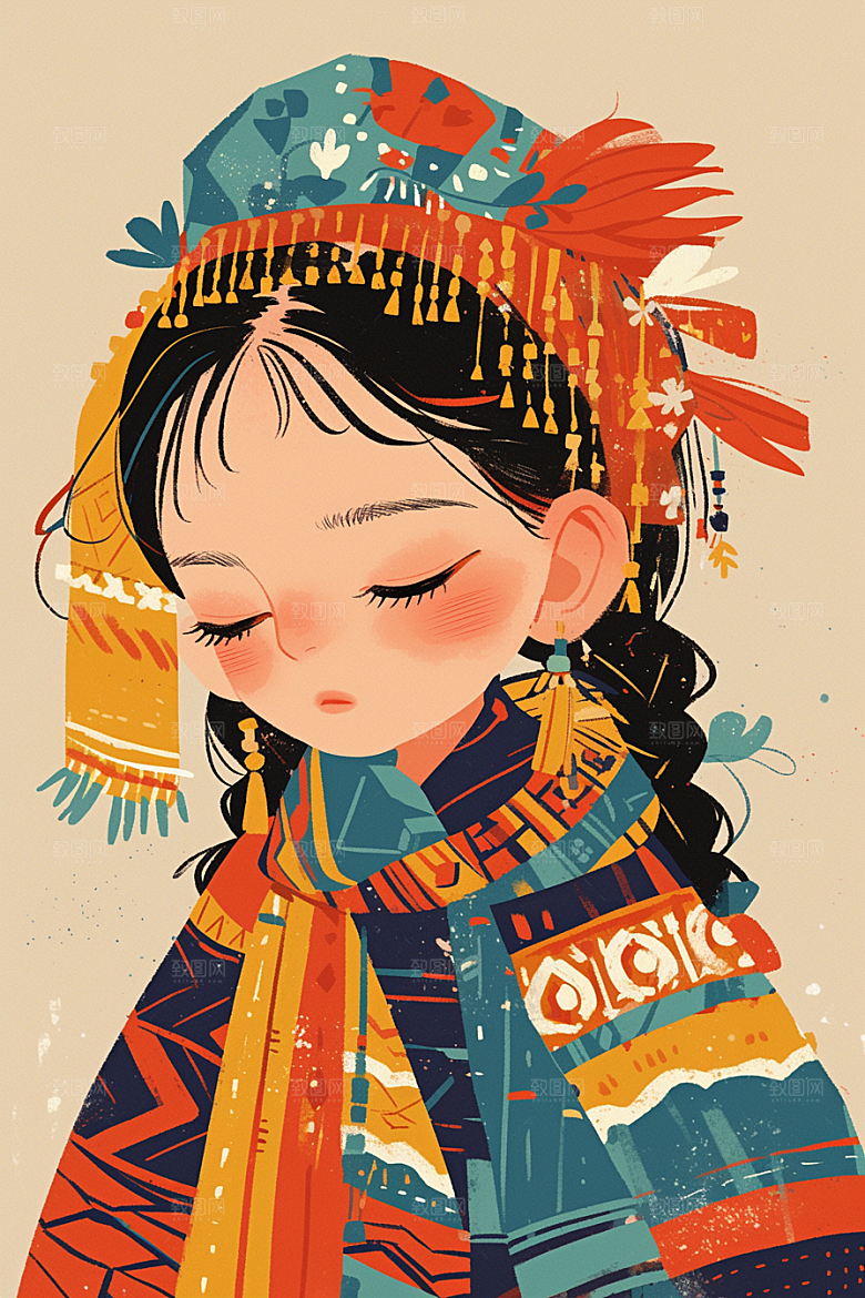 扁平风少数民族人物彩色插画