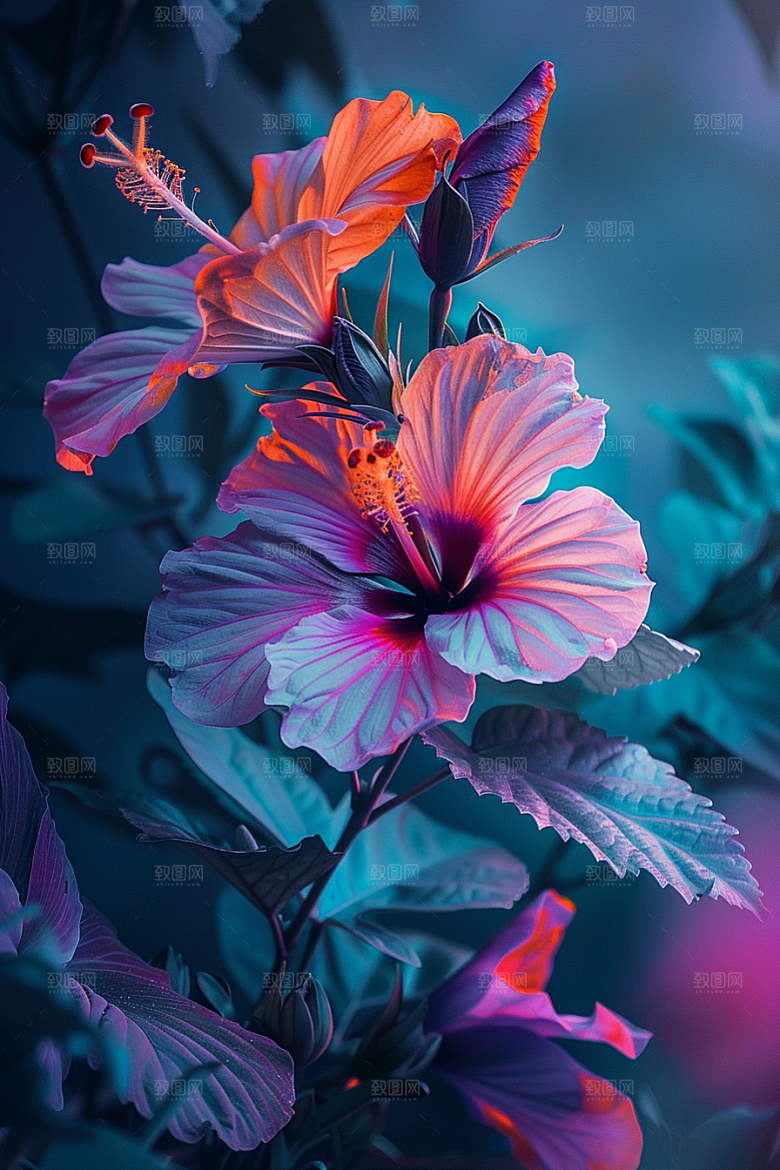 木槿花唯美彩色摄影图